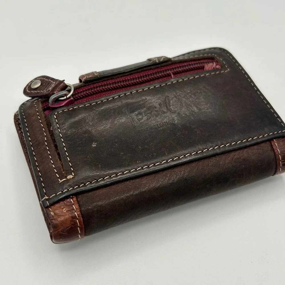 Fossil Vintage Brown Leather Bifold Wallet Distressed Contrast Stitch Boho